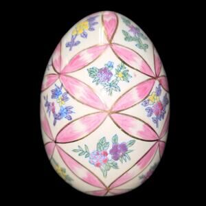Vintage Pink Lattice Porcelain Egg Hand Painted Floral Gold Trim